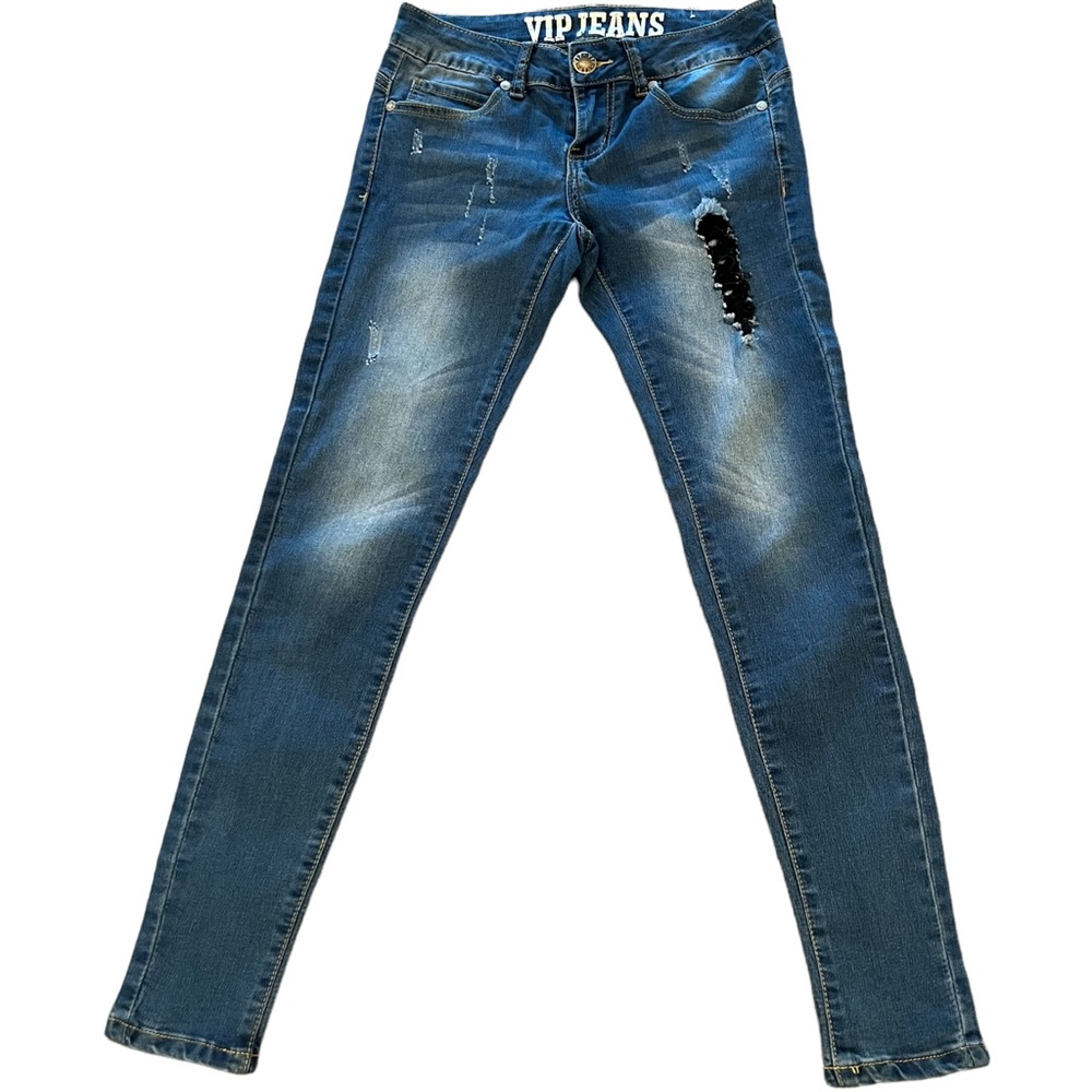 V.I.P. Distressed Medium Wash Skinny Denim Jeans Size Juniors 1/2